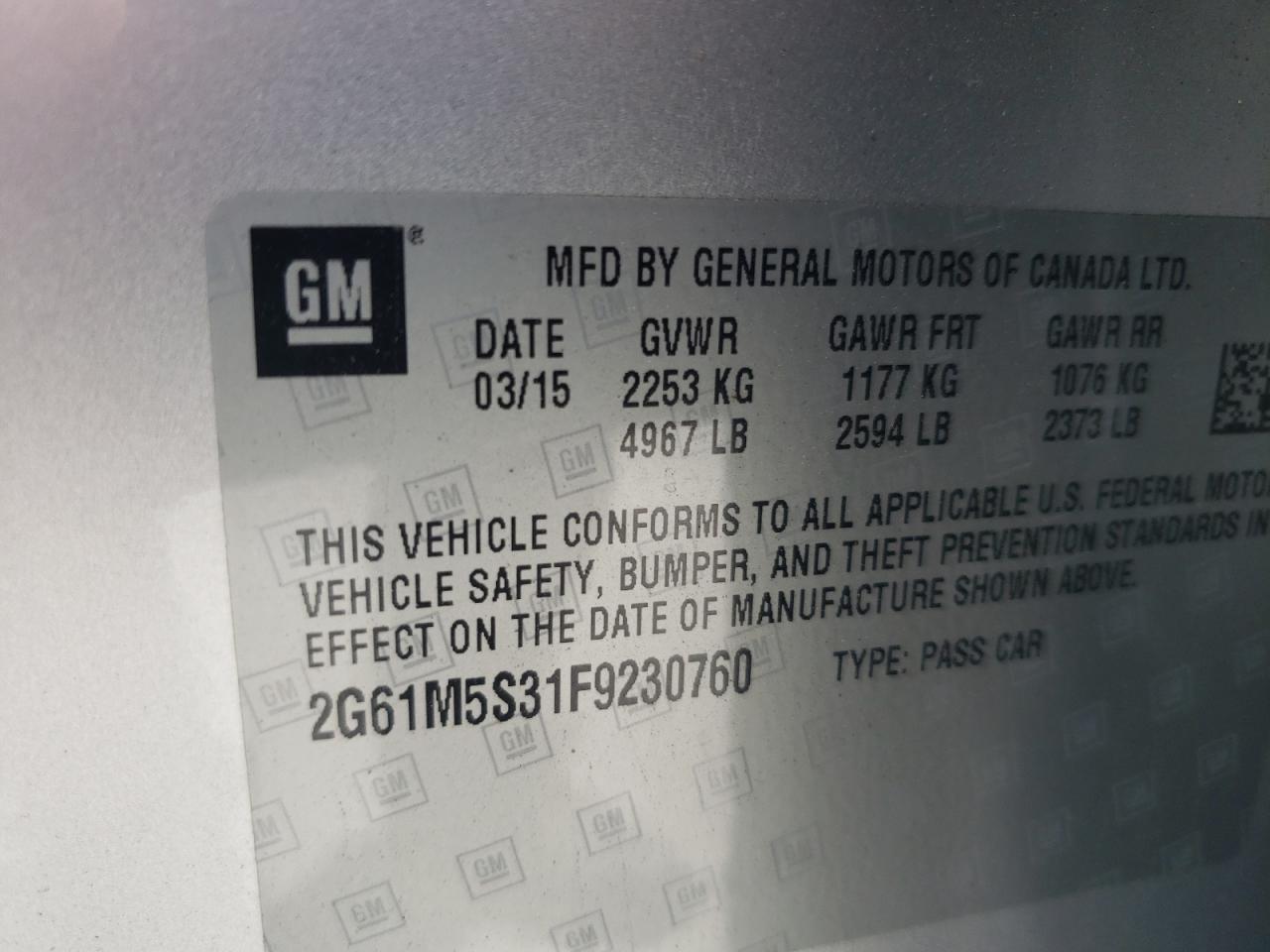 2015 Cadillac Xts Luxury Collection VIN: 2G61M5S31F9230760 Lot: 71900105