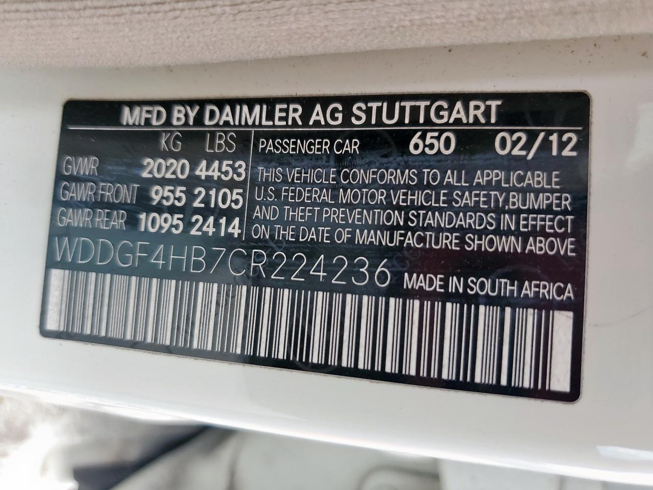 2012 Mercedes-Benz C 250 VIN: WDDGF4HB7CR224236 Lot: 80688645