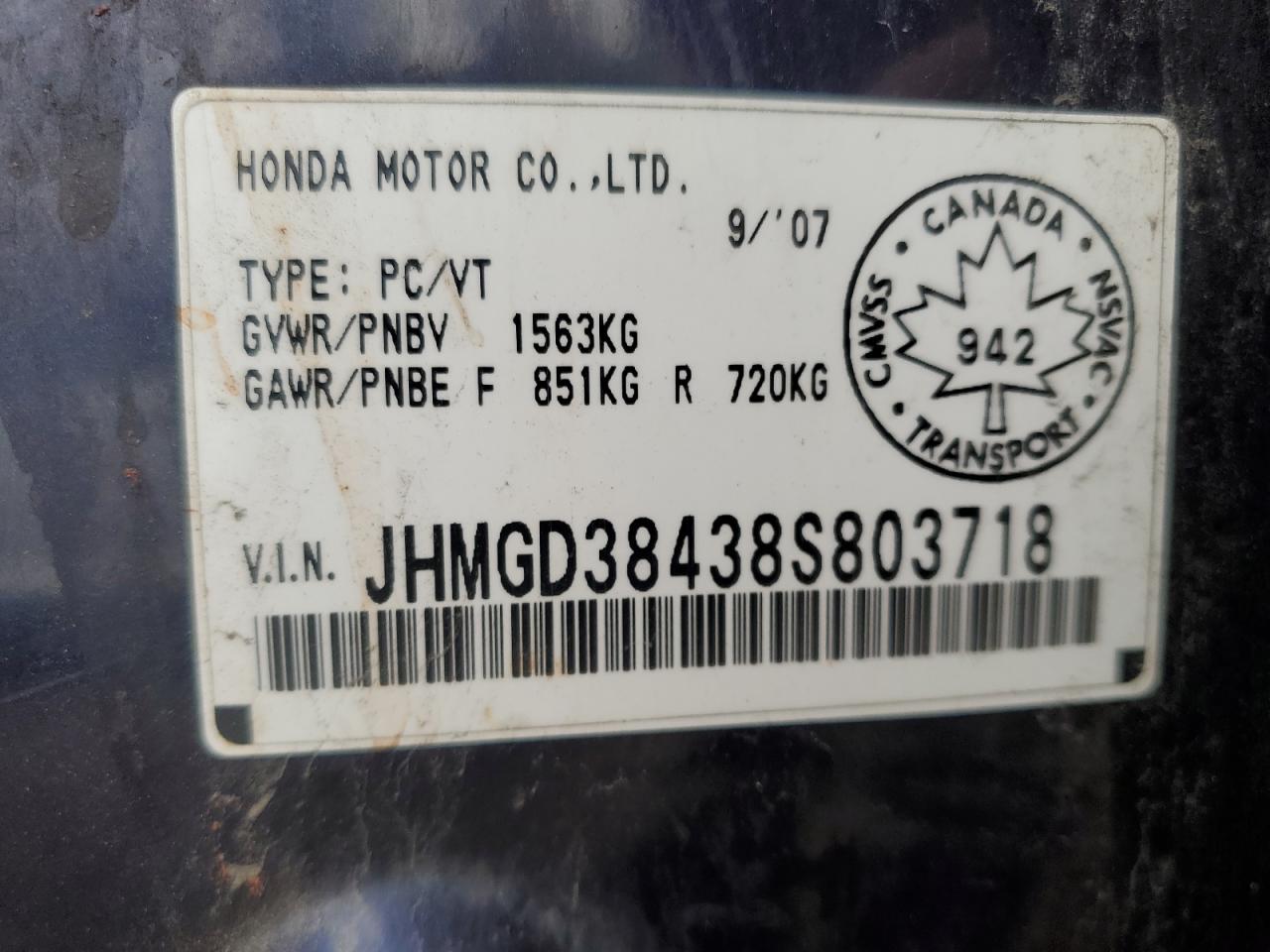 2008 Honda Fit VIN: JHMGD38438S803718 Lot: 70834055