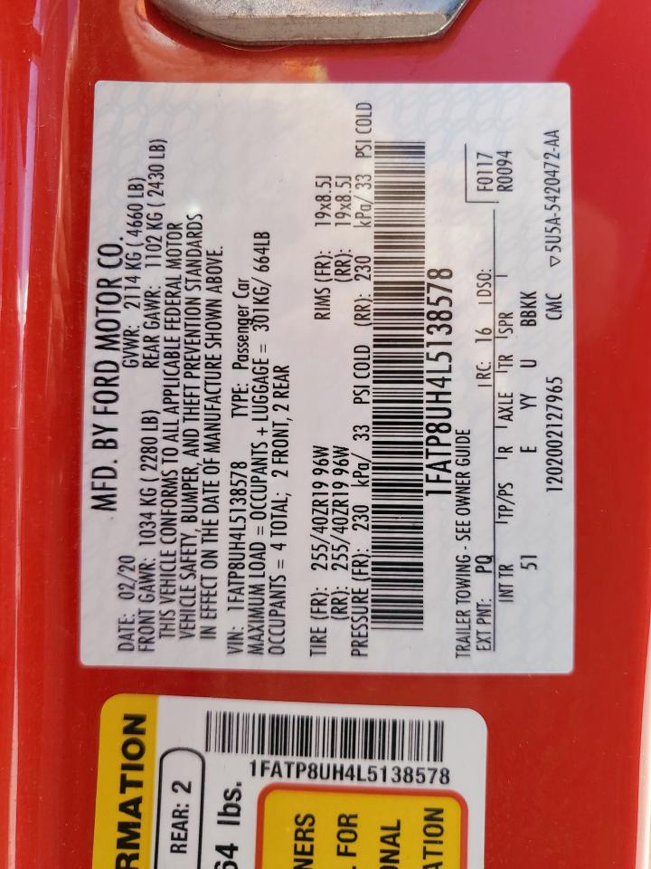 2020 Ford Mustang VIN: 1FATP8UH4L5138578 Lot: 81112865