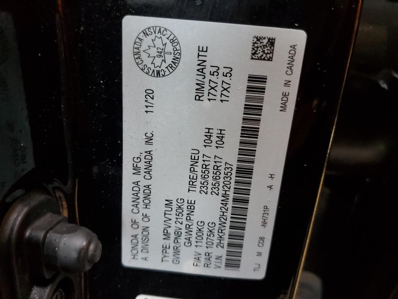 2021 Honda Cr-V Lx VIN: 2HKRW2H24MH203537 Lot: 80884035