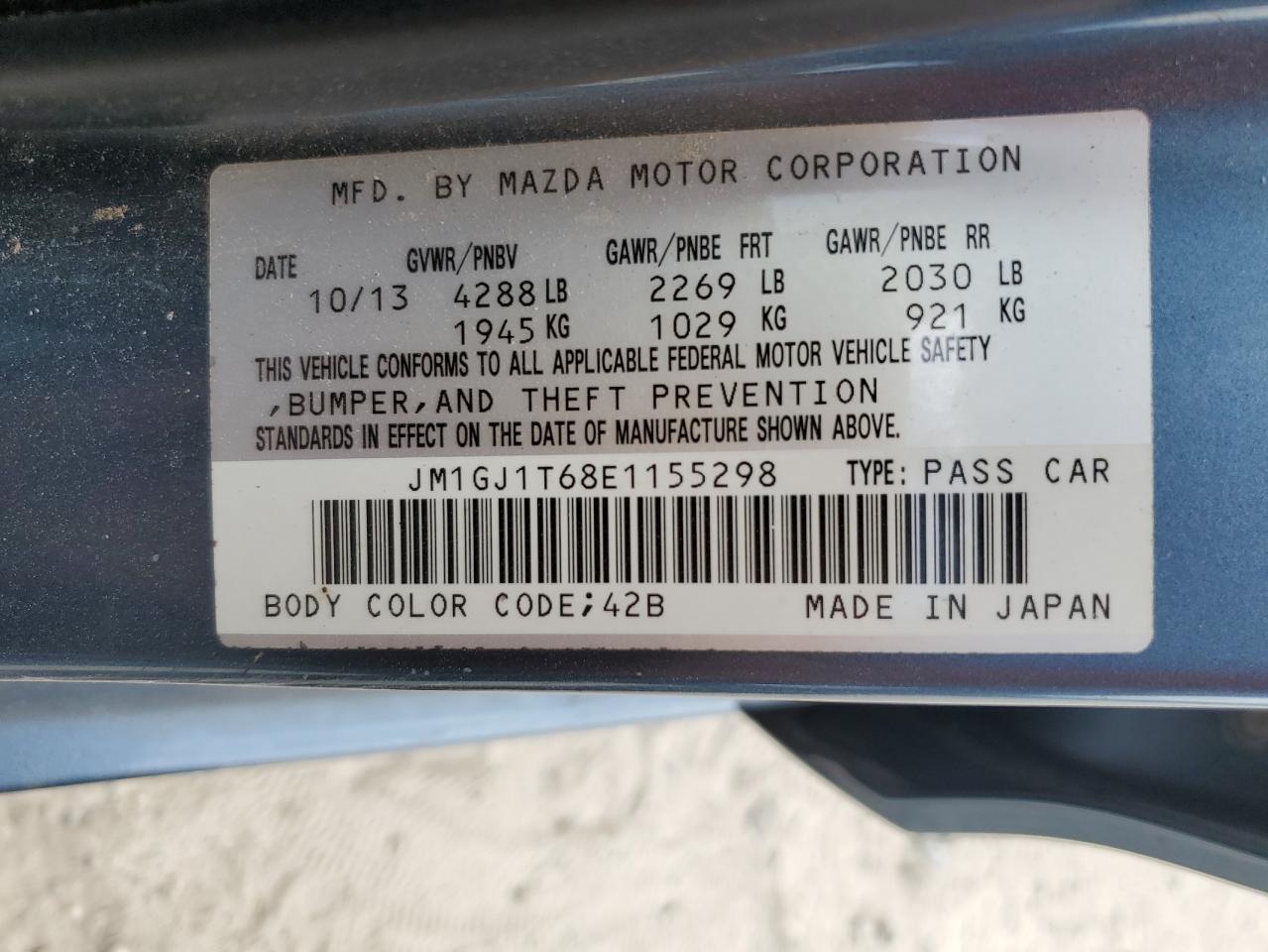 2014 Mazda 6 Touring VIN: JM1GJ1T68E1155298 Lot: 80463675