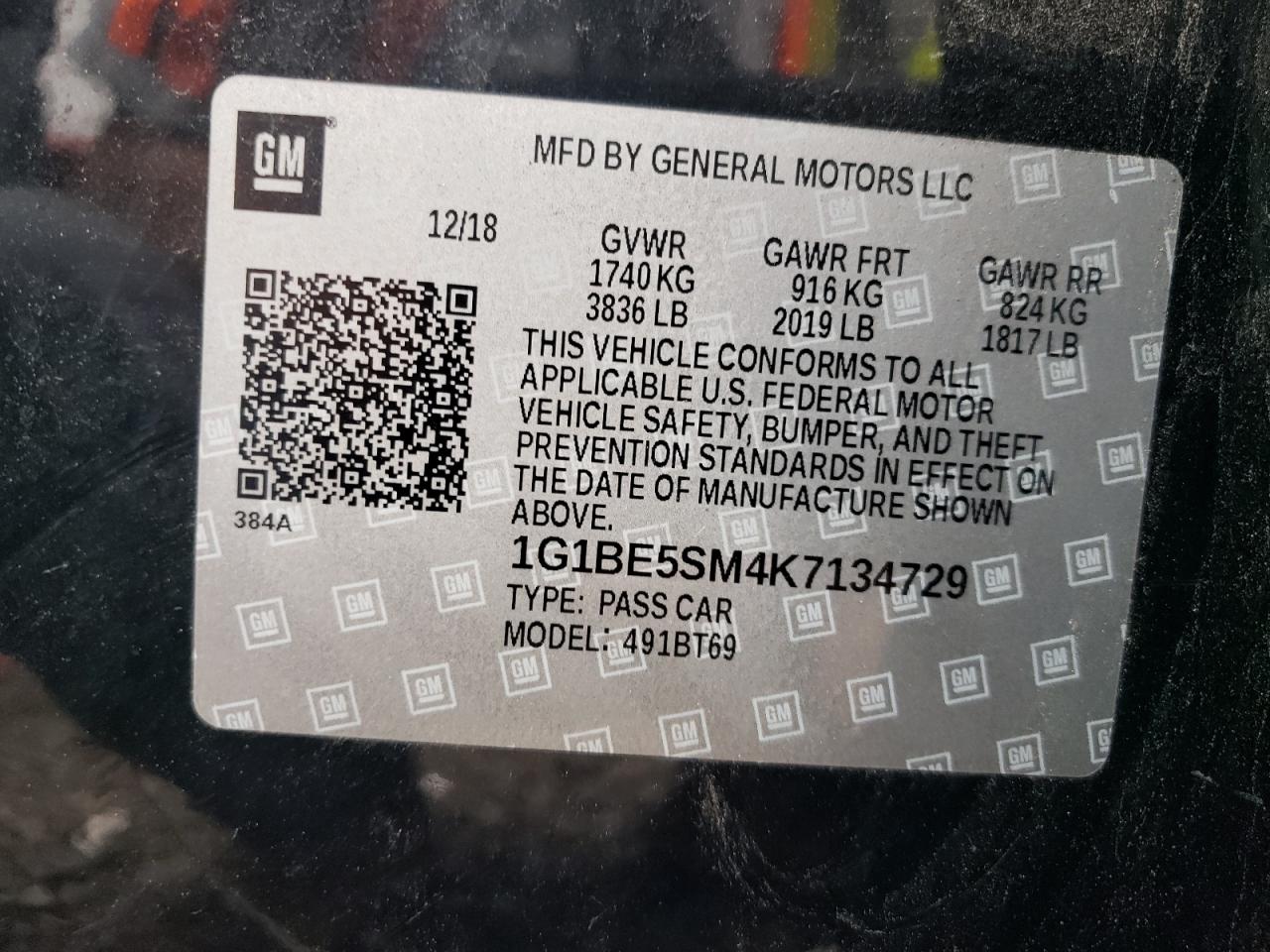 2019 Chevrolet Cruze Lt VIN: 1G1BE5SM4K7134729 Lot: 84292425