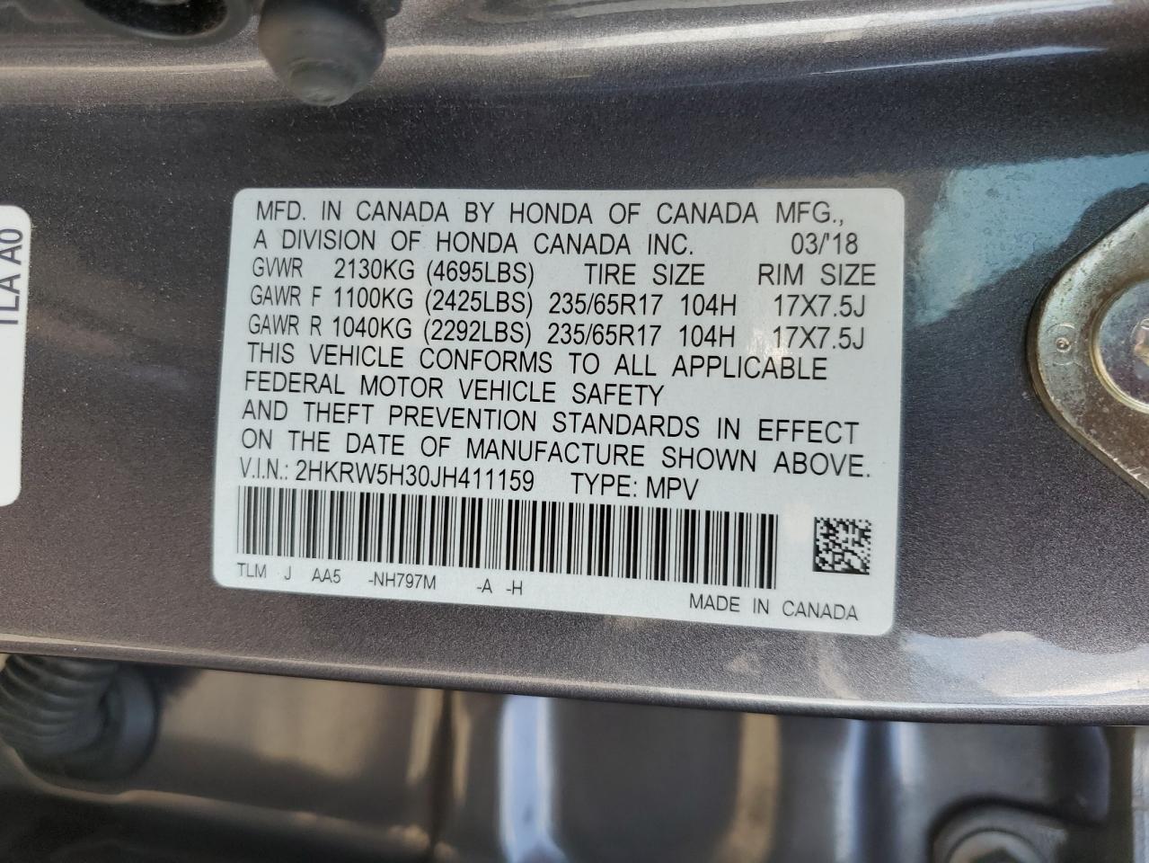 2018 Honda Cr-V Lx VIN: 2HKRW5H30JH411159 Lot: 80427655