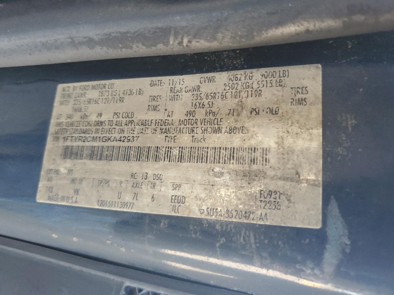 2016 Ford Transit T-250 VIN: 1FTYR2CM1GKA42937 Lot: 72006605