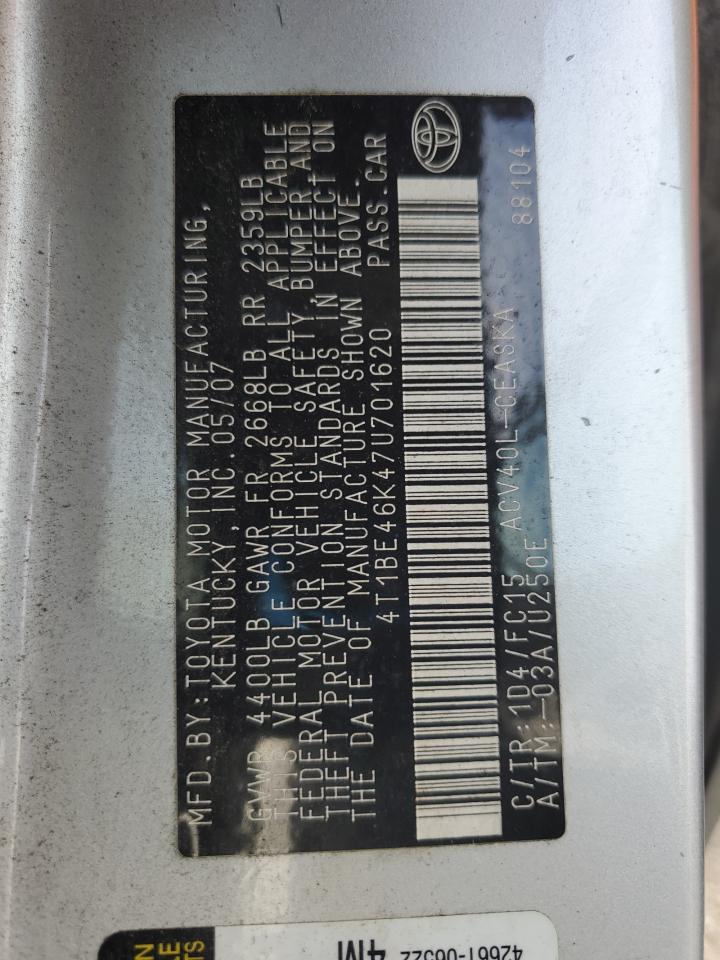 2007 Toyota Camry Ce VIN: 4T1BE46K47U701620 Lot: 81163645