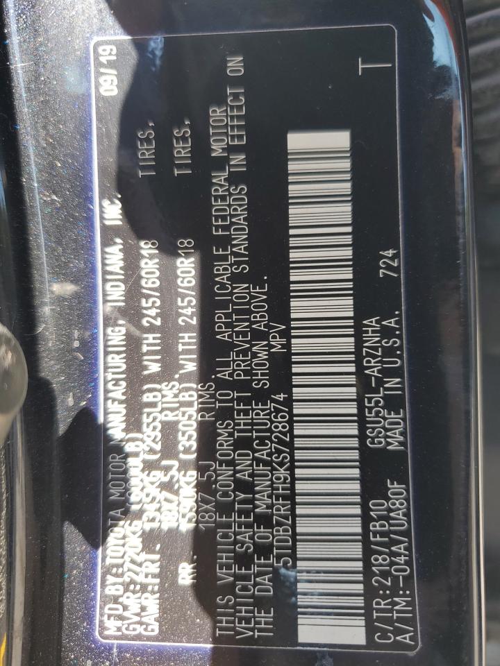 2019 Toyota Highlander Le VIN: 5TDBZRFH9KS728674 Lot: 81004475