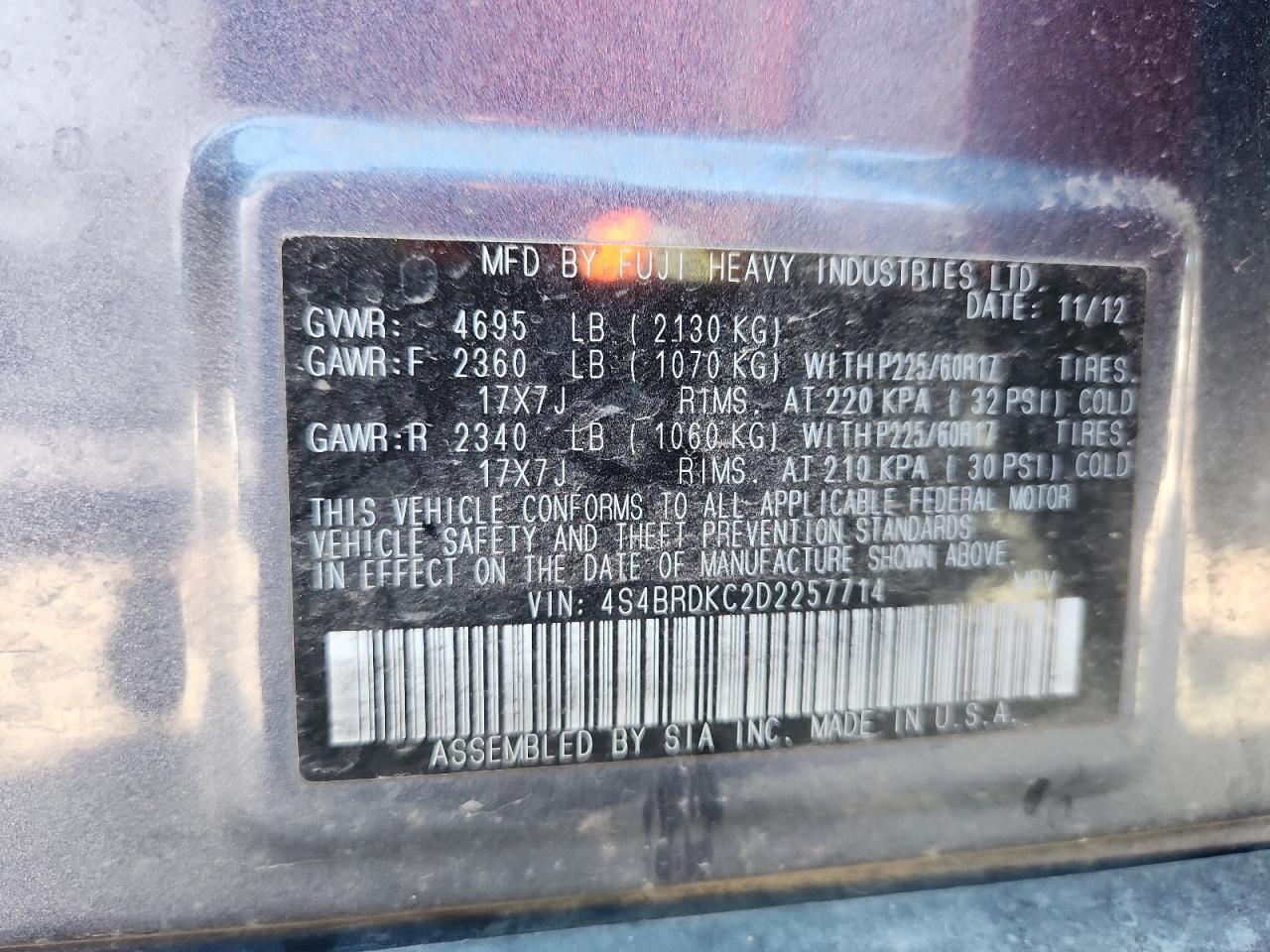 2013 Subaru Outback 3.6R Limited VIN: 4S4BRDKC2D2257714 Lot: 82085315