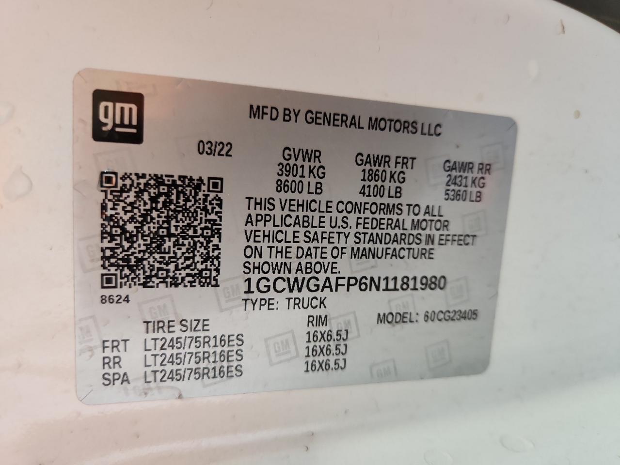 2022 Chevrolet Express G2500 VIN: 1GCWGAFP6N1181980 Lot: 84340485