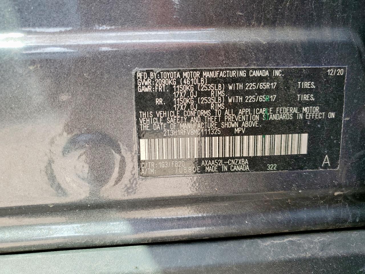 2021 Toyota Rav4 Le VIN: 2T3H1RFV8MC111325 Lot: 80747415