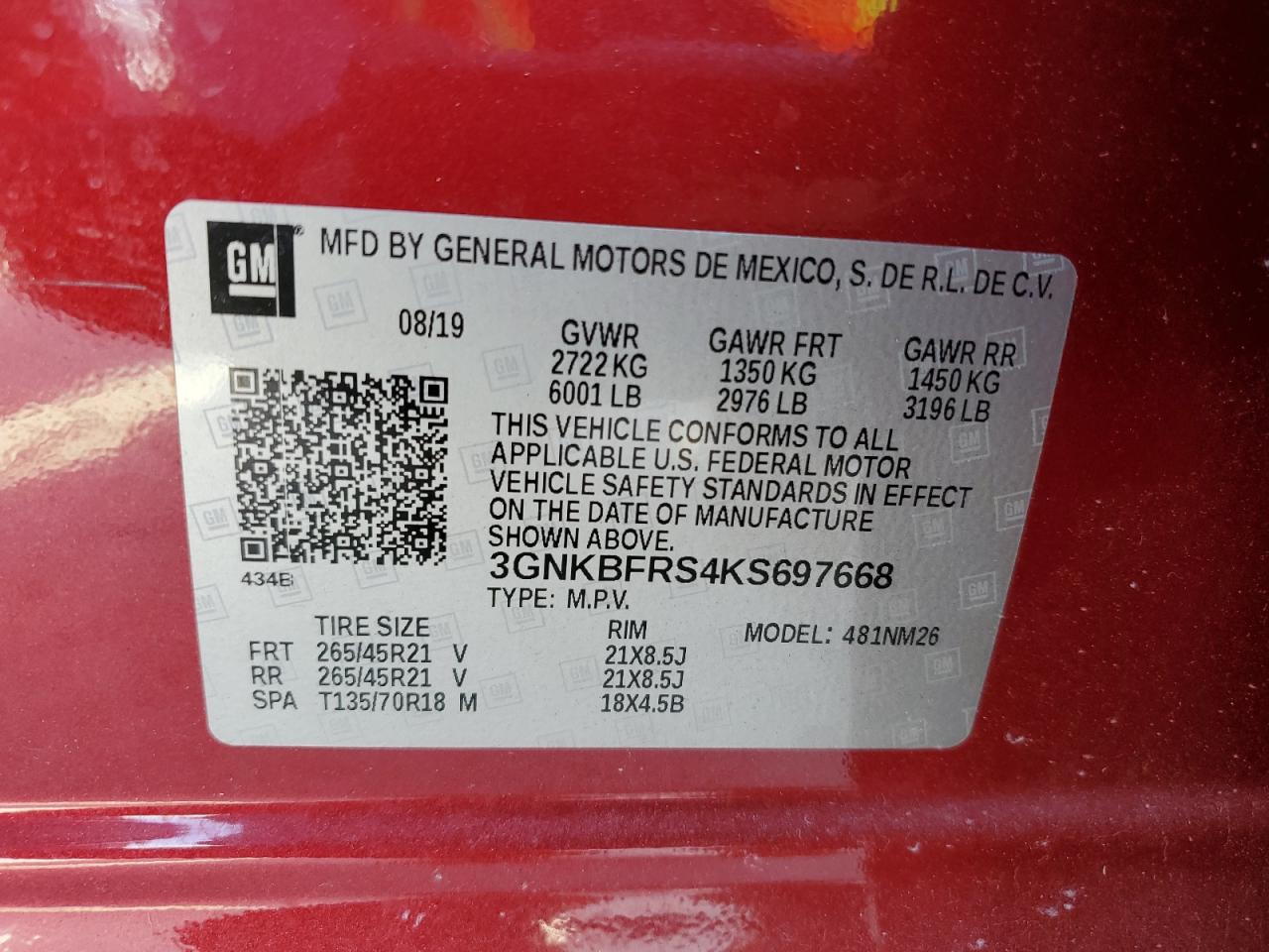 2019 Chevrolet Blazer Premier VIN: 3GNKBFRS4KS697668 Lot: 81245945