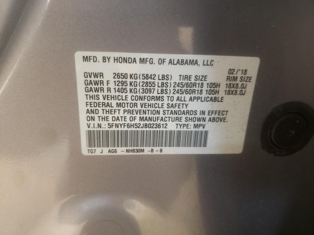 2018 Honda Pilot Exl VIN: 5FNYF6H52JB023612 Lot: 80838625