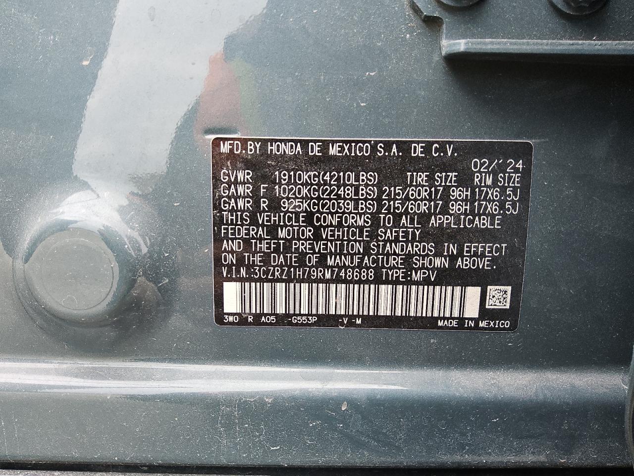 2024 Honda Hr-V Exl VIN: 3CZRZ1H79RM748688 Lot: 80916405
