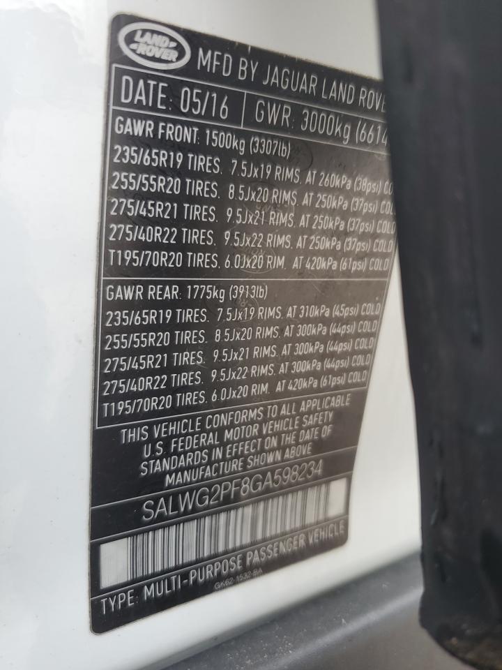 2016 Land Rover Range Rover Sport Se VIN: SALWG2PF8GA598234 Lot: 81372035