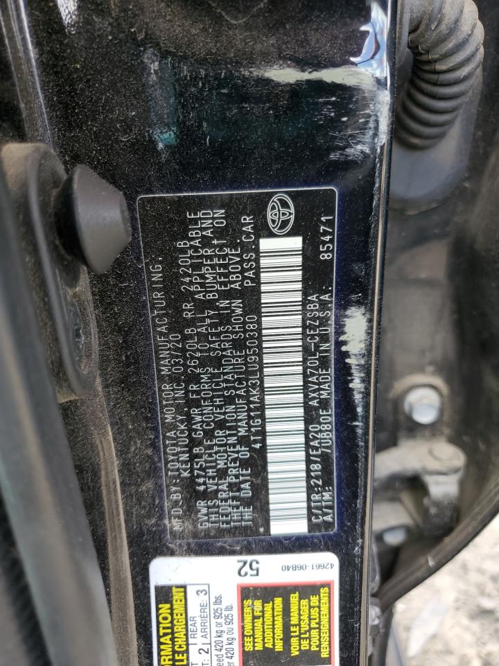 2020 Toyota Camry Se VIN: 4T1G11AK3LU950380 Lot: 80906115