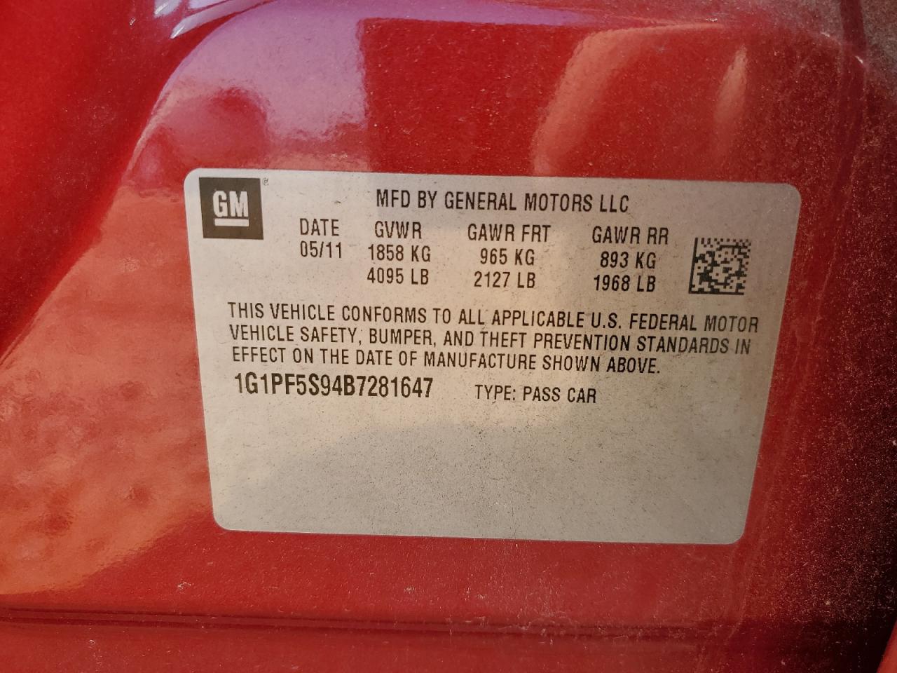 2011 Chevrolet Cruze Lt VIN: 1G1PF5S94B7281647 Lot: 80568885