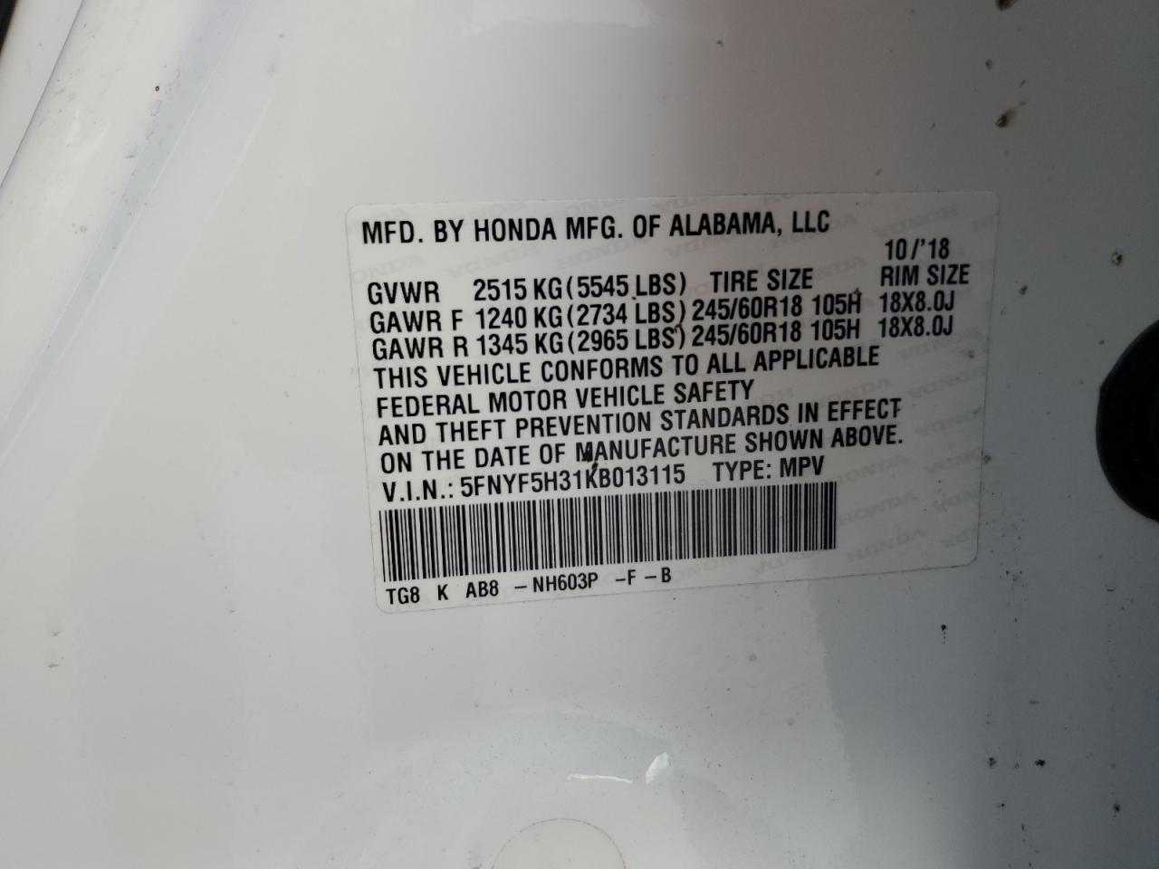 2019 Honda Pilot Ex VIN: 5FNYF5H31KB013115 Lot: 81836305