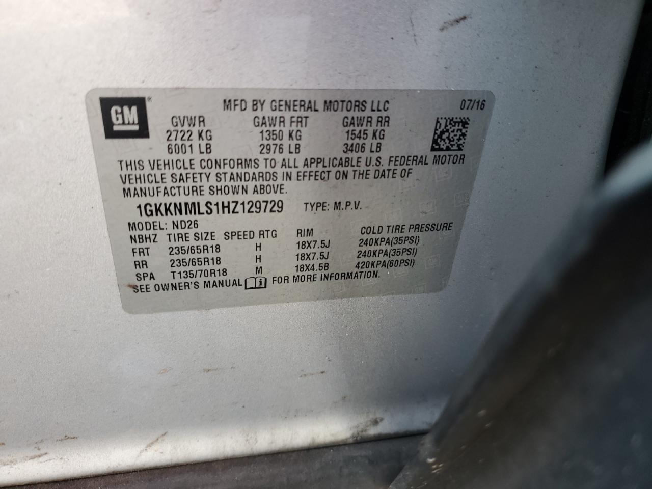 2017 GMC Acadia Slt-1 VIN: 1GKKNMLS1HZ129729 Lot: 80496405