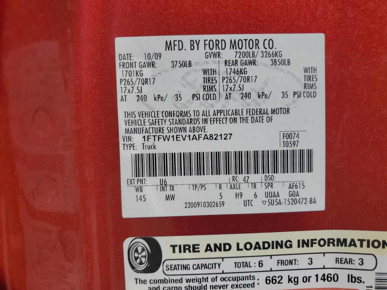 2010 Ford F150 Supercrew VIN: 1FTFW1EV1AFA82127 Lot: 70644935