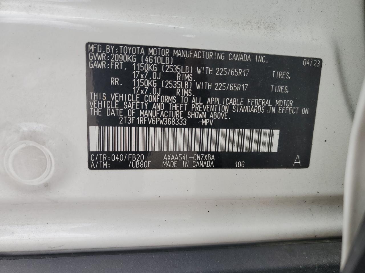 2023 Toyota Rav4 Le VIN: 2T3F1RFV6PW368333 Lot: 80692915