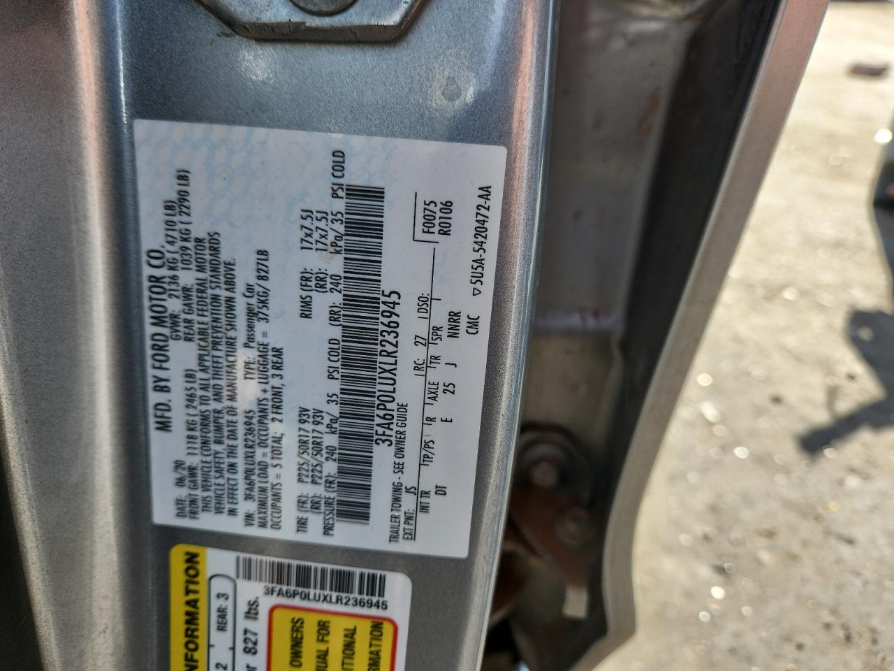 2020 Ford Fusion Se VIN: 3FA6P0LUXLR236945 Lot: 80920245