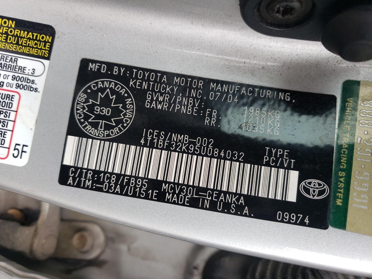 2005 Toyota Camry Le VIN: 4T1BF32K95U084032 Lot: 82052665