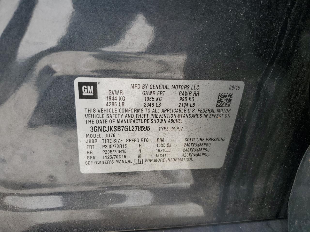 2016 Chevrolet Trax Ls VIN: 3GNCJKSB7GL278595 Lot: 80166195