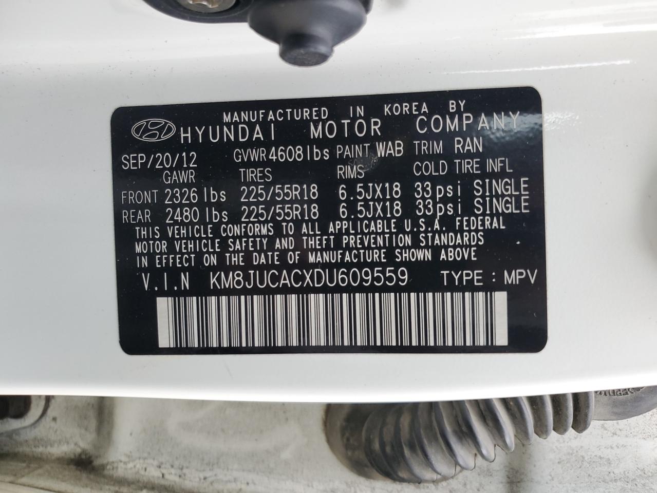 2013 Hyundai Tucson Gls VIN: KM8JUCACXDU609559 Lot: 84447885