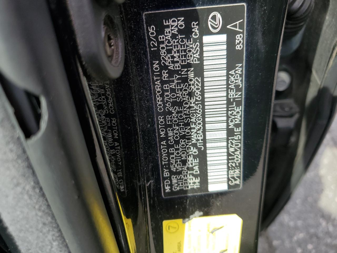 2006 Lexus Es 330 VIN: JTHBA30GX65169022 Lot: 80615825