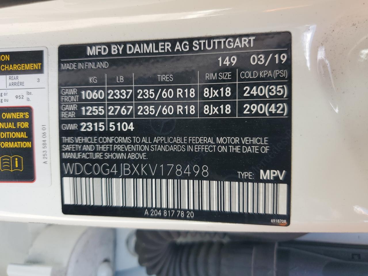 2019 Mercedes-Benz Glc 300 VIN: WDC0G4JBXKV178498 Lot: 81627105