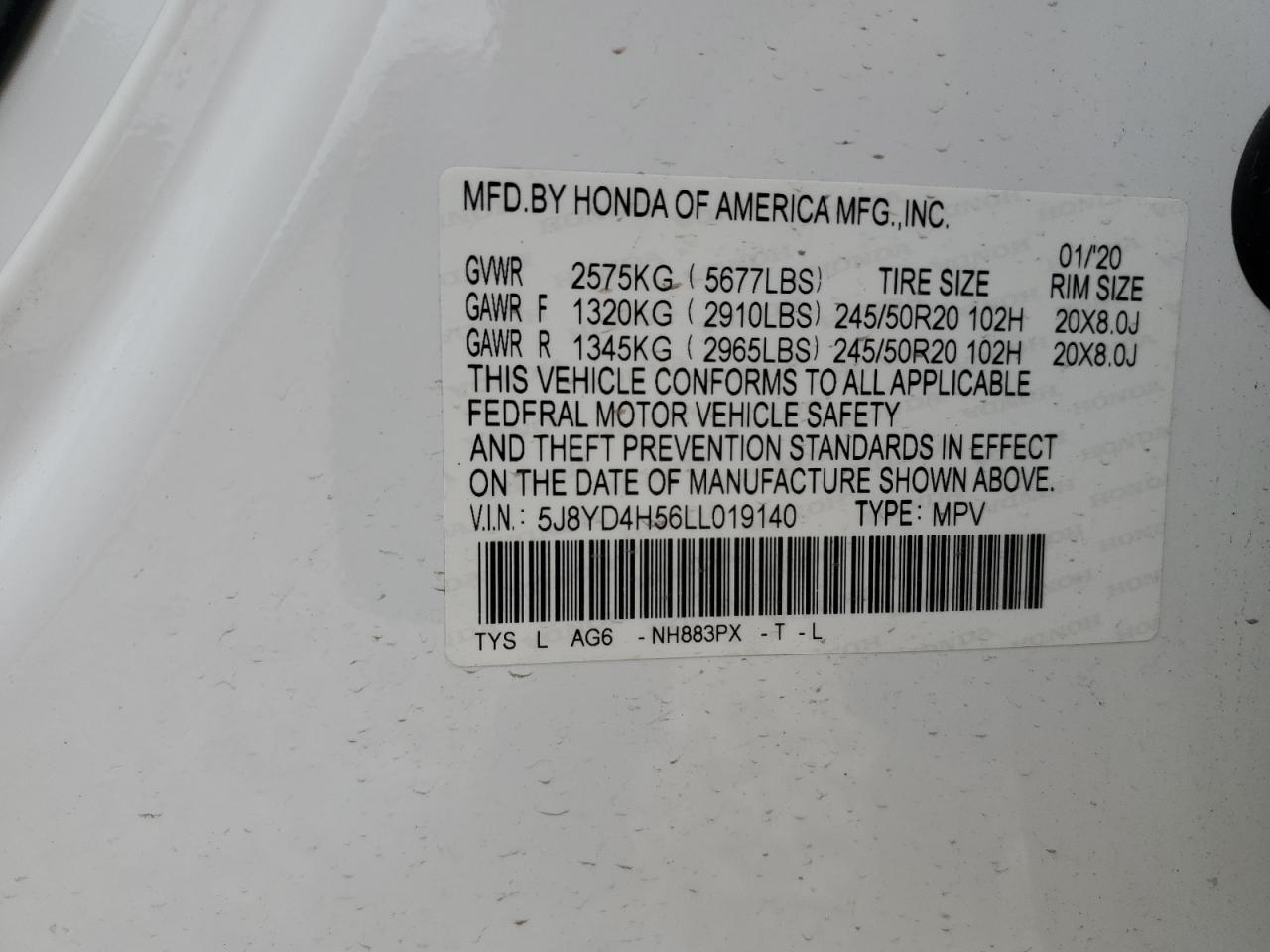 2020 Acura Mdx Technology VIN: 5J8YD4H56LL019140 Lot: 83821475