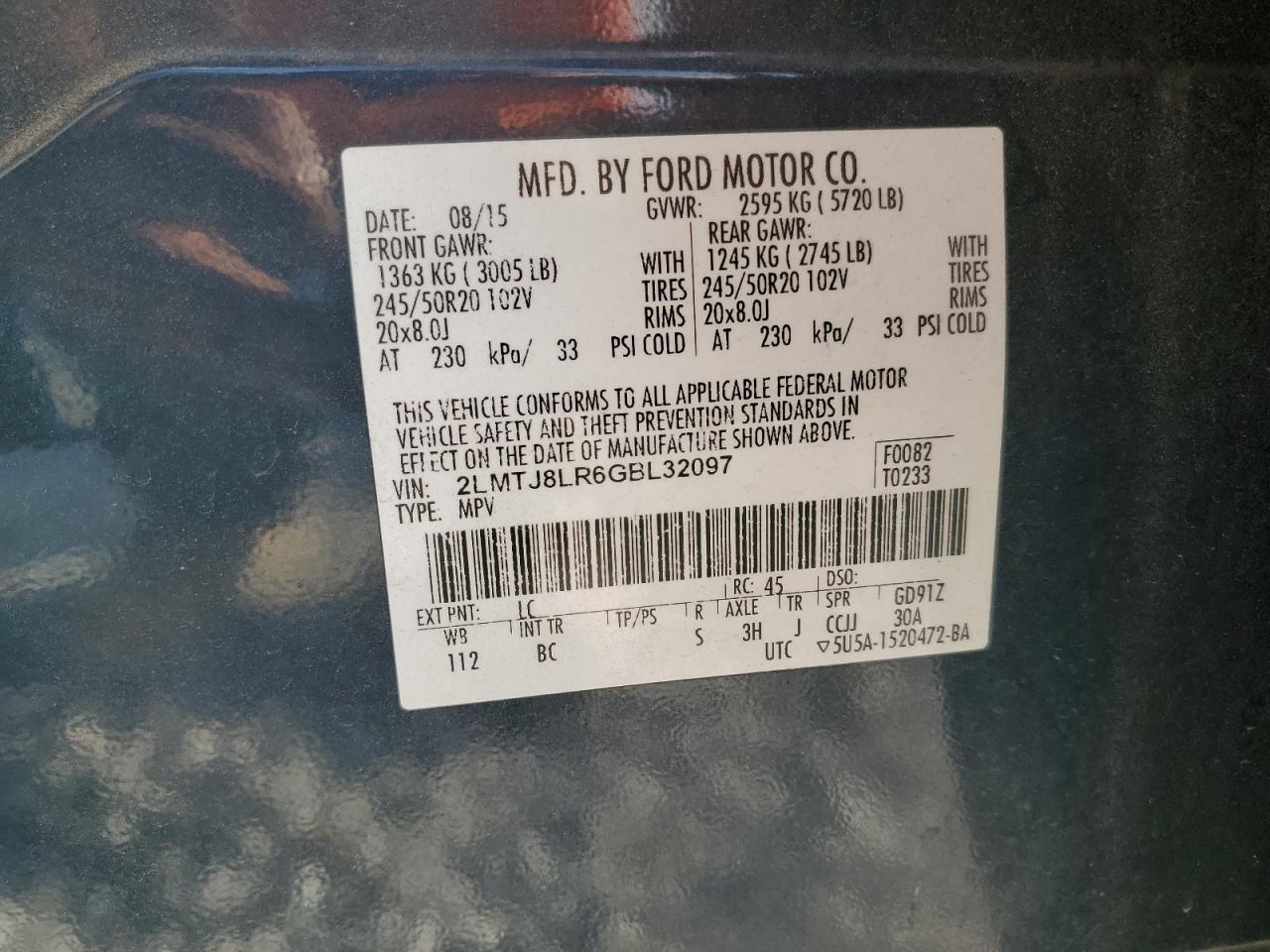 2016 Lincoln Mkx Reserve VIN: 2LMTJ8LR6GBL32097 Lot: 70744875