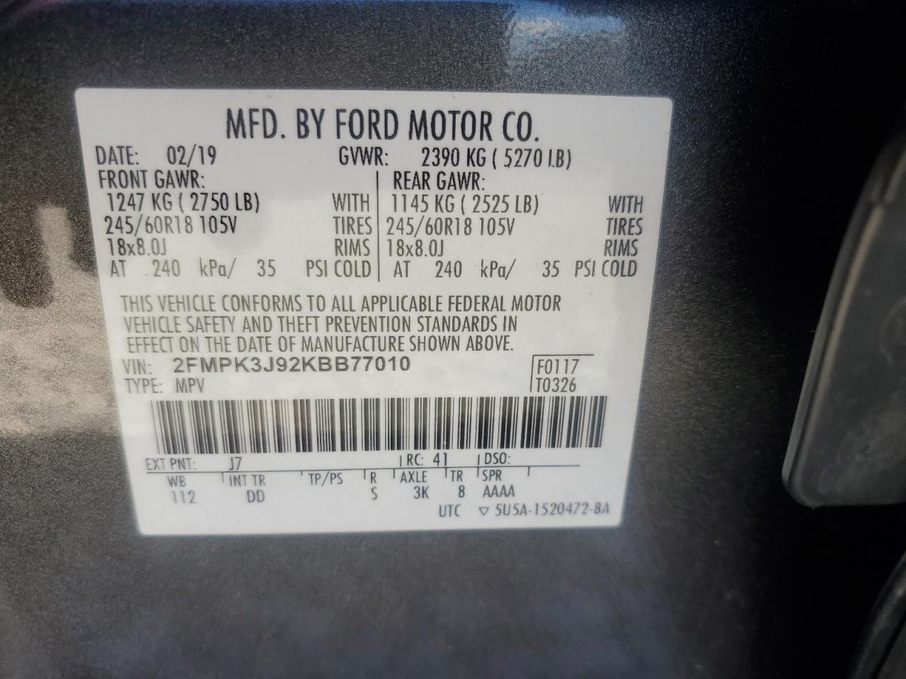 2019 Ford Edge Sel VIN: 2FMPK3J92KBB77010 Lot: 84026075