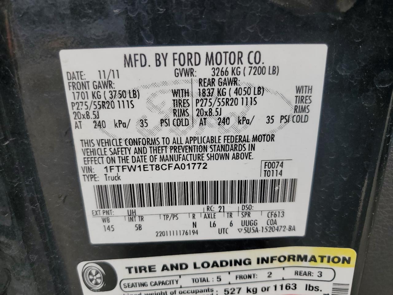 2012 Ford F150 Supercrew VIN: 1FTFW1ET8CFA01772 Lot: 71682005