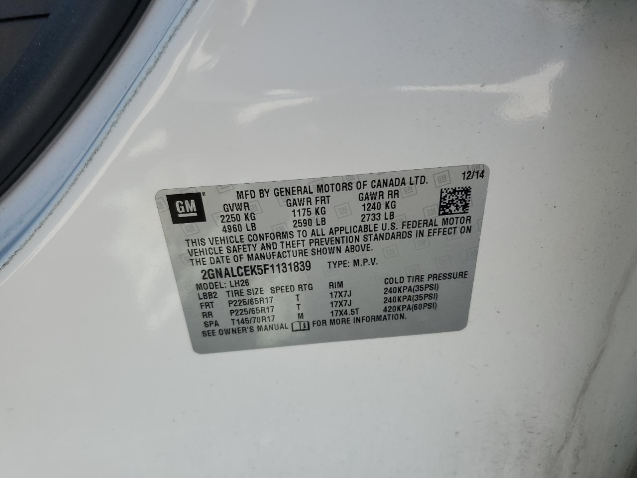 2015 Chevrolet Equinox Lt VIN: 2GNALCEK5F1131839 Lot: 80147025