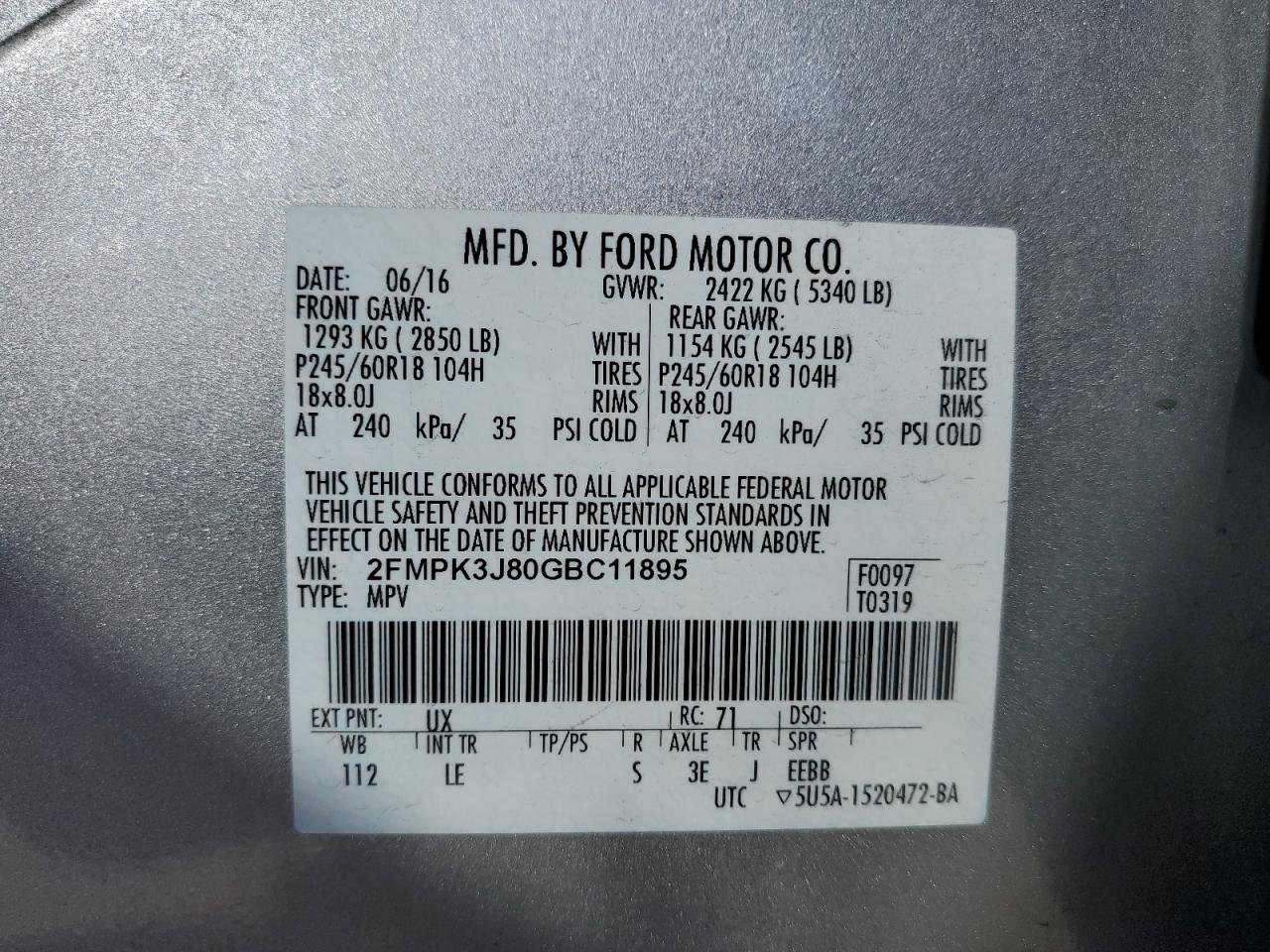 2016 Ford Edge Sel VIN: 2FMPK3J80GBC11895 Lot: 71293365