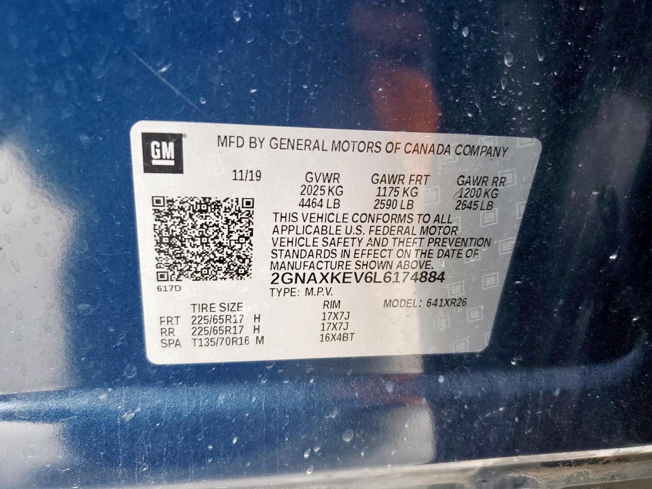 2020 Chevrolet Equinox Lt VIN: 2GNAXKEV6L6174884 Lot: 80648315