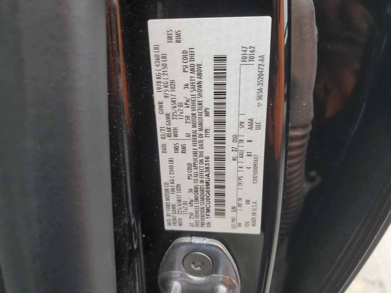 2021 Ford Escape Se VIN: 1FMCU0G69MUA38316 Lot: 81067275