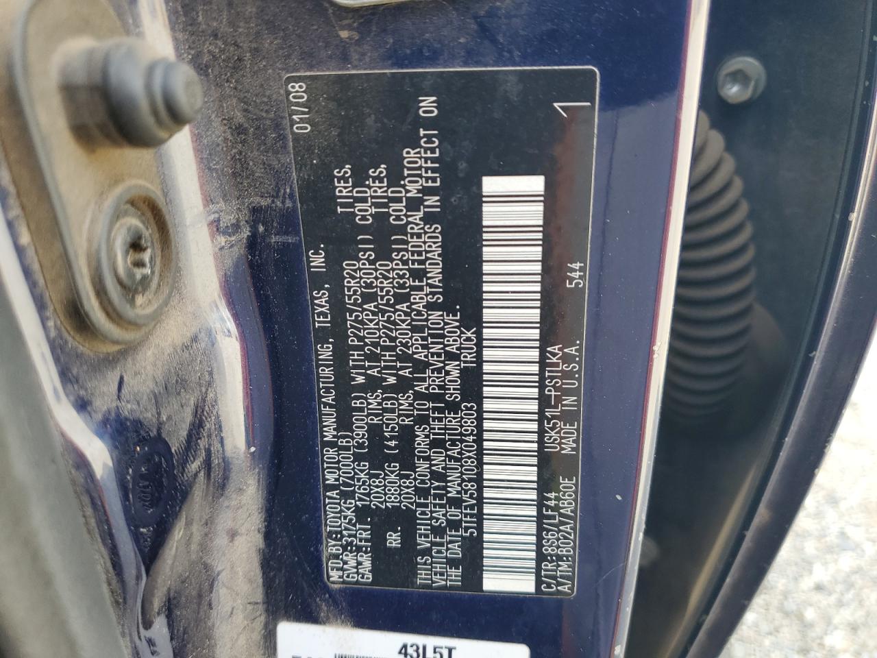 2008 Toyota Tundra Crewmax Limited VIN: 5TFEV58108X049803 Lot: 71689895