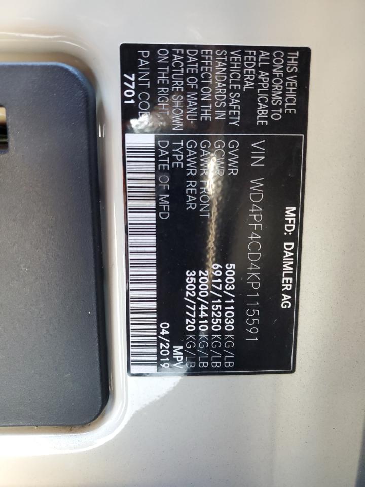 2019 Mercedes-Benz Sprinter 3500/4500 VIN: WD4PF4CD4KP115591 Lot: 80864115