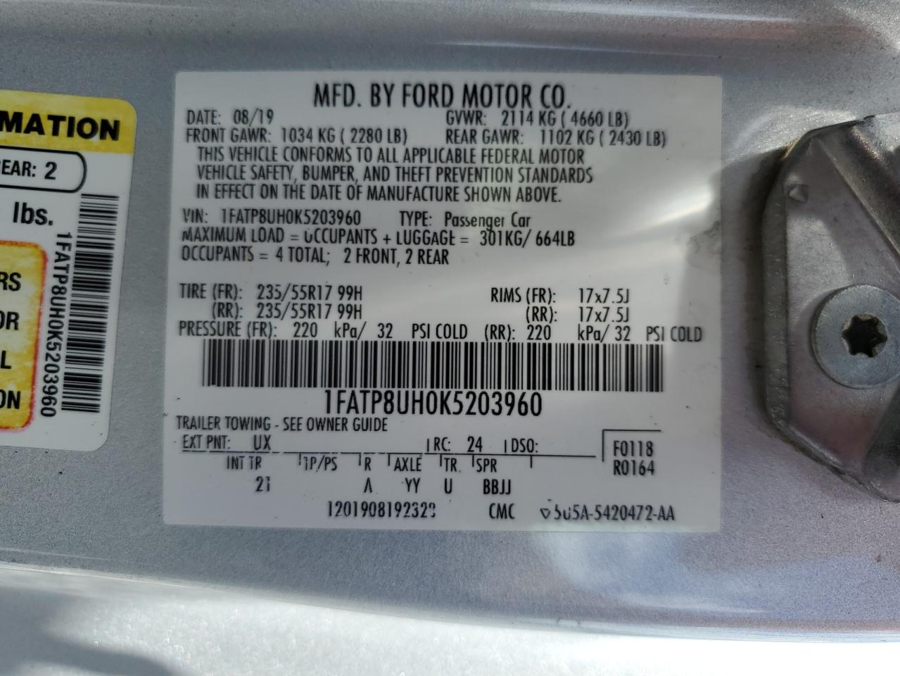 2019 Ford Mustang VIN: 1FATP8UH0K5203960 Lot: 80378355