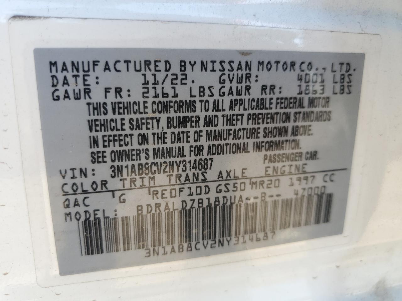 2022 Nissan Sentra Sv VIN: 3N1AB8CV2NY314687 Lot: 84403455