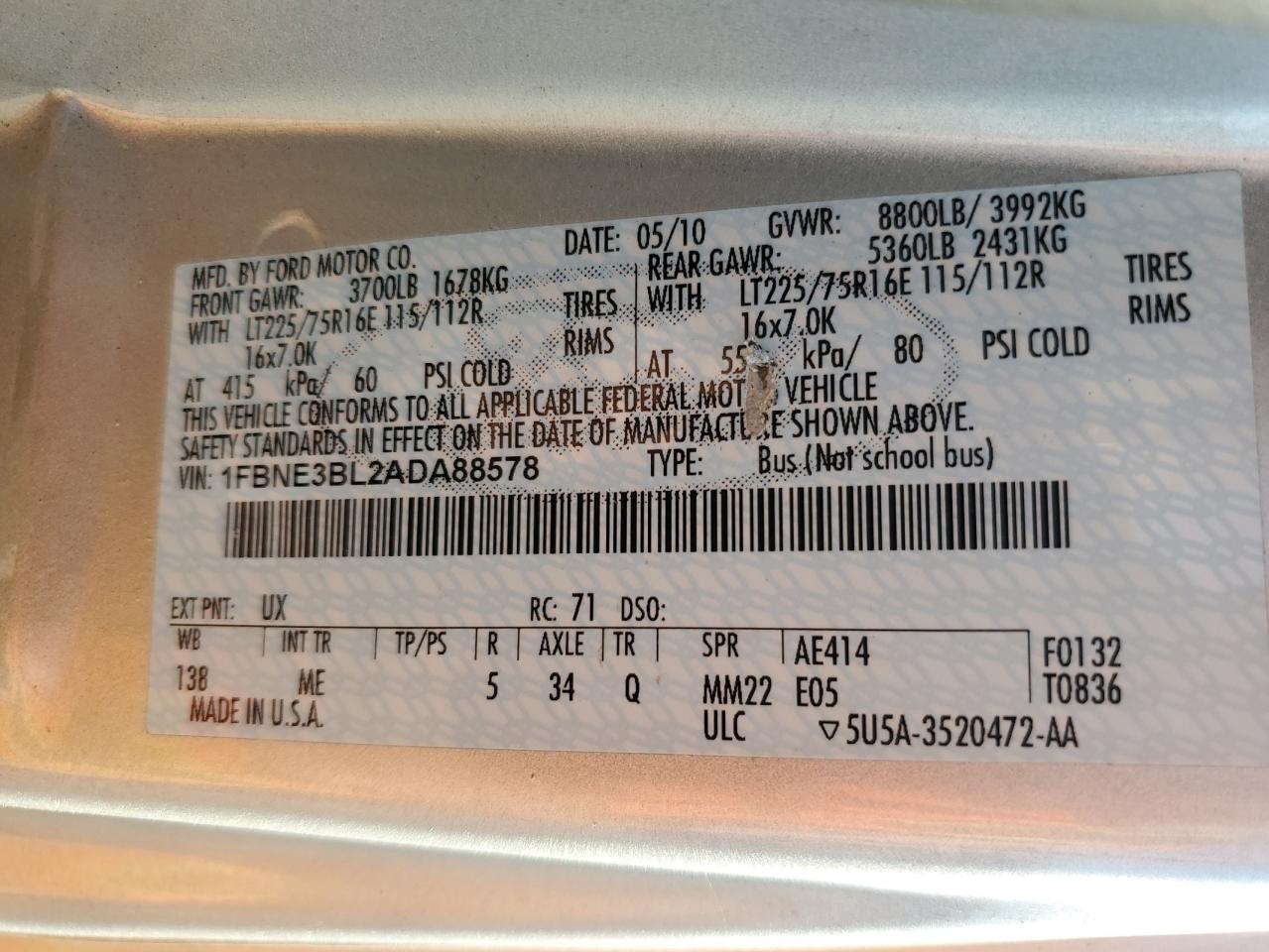 2010 Ford Econoline E350 Super Duty Wagon VIN: 1FBNE3BL2ADA88578 Lot: 84163965