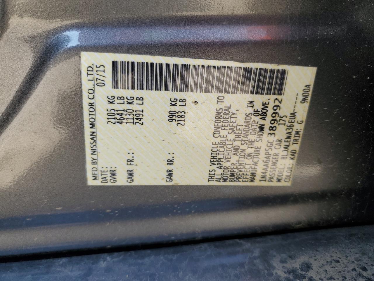 2016 Nissan Maxima 3.5S VIN: 1N4AA6AP5GC389992 Lot: 81554285