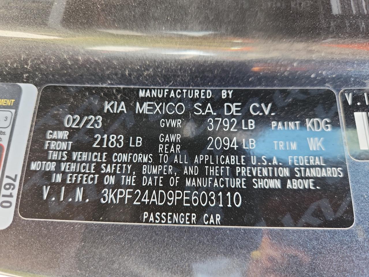 2023 Kia Forte Lx VIN: 3KPF24AD9PE603110 Lot: 71118115