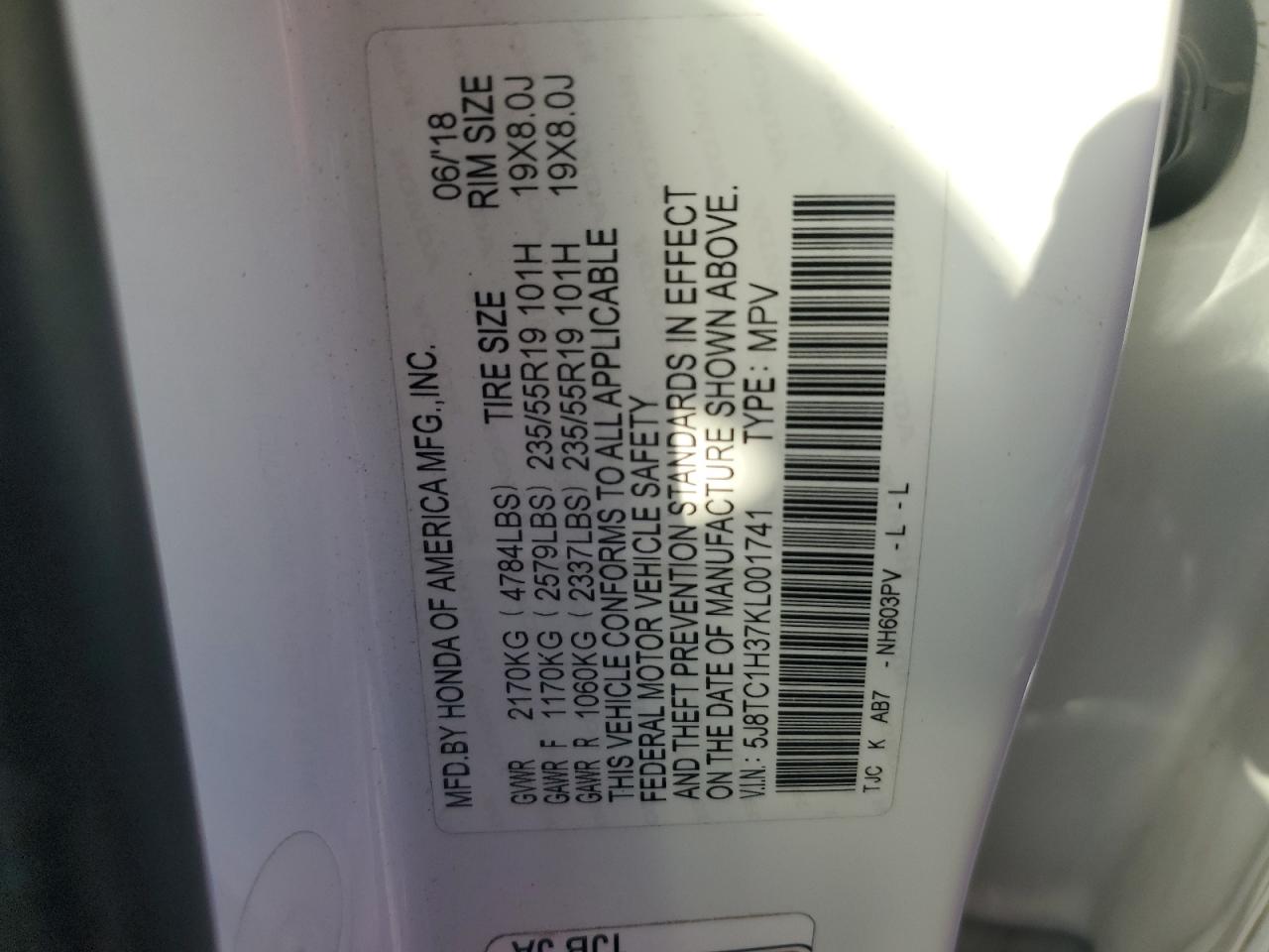 2019 Acura Rdx VIN: 5J8TC1H37KL001741 Lot: 81545385