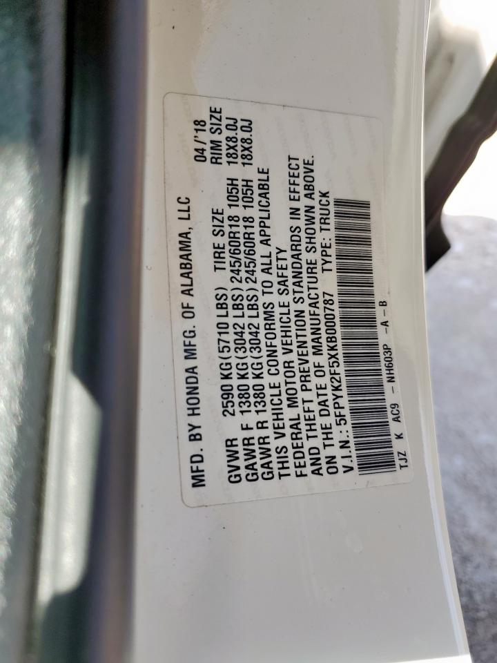 2019 Honda Ridgeline Rtl VIN: 5FPYK2F5XKB000787 Lot: 72088815