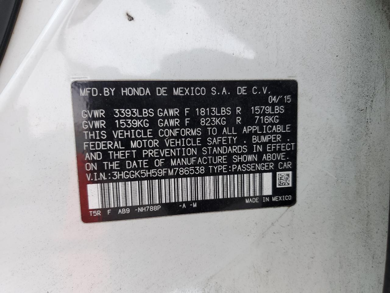 2015 Honda Fit Lx VIN: 3HGGK5H59FM786538 Lot: 71548525