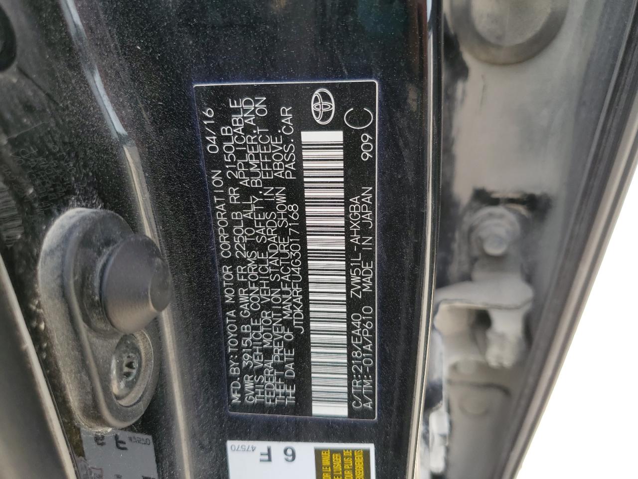 2016 Toyota Prius VIN: JTDKARFU4G3017168 Lot: 80438015