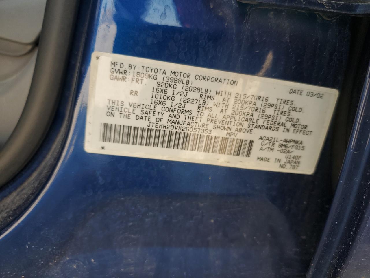 2002 Toyota Rav4 VIN: JTEHH20VX26057353 Lot: 71219045